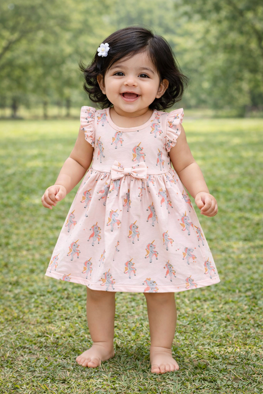 Half Sleeves Frill Frocks with Bow (Lite Orange Unicorns)