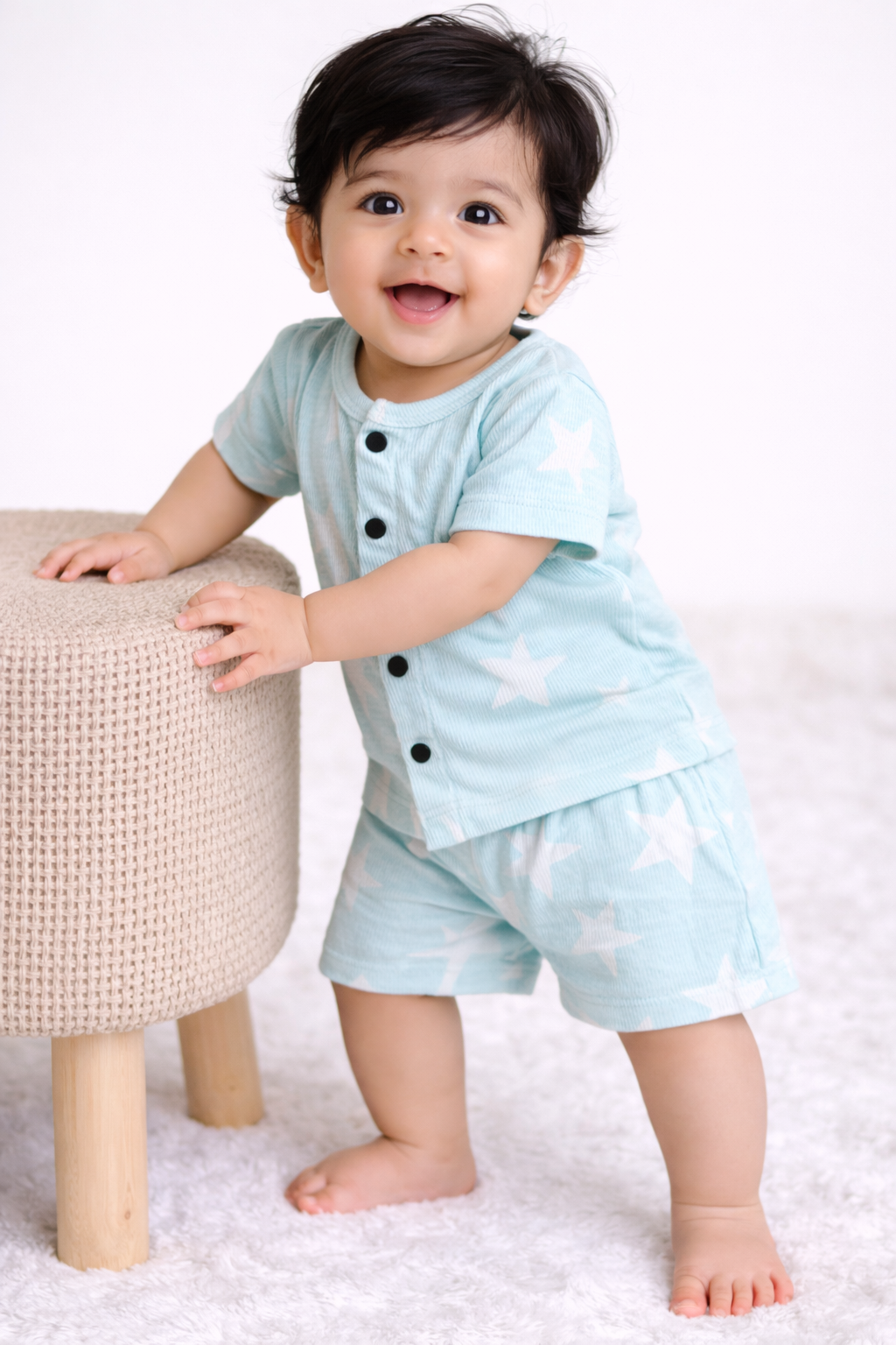Airport - Crinkled  Front open Tshirt with Shorts Sets (Sky blue star)