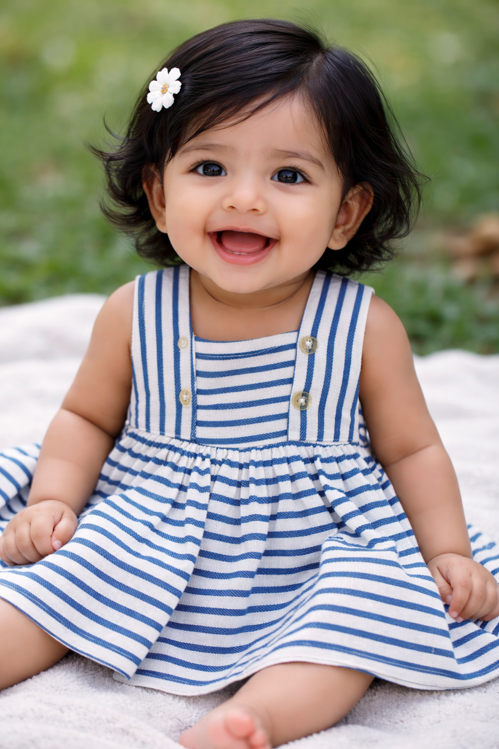 Half Sleeves Frill Frocks with BOW (Blue Stripes)