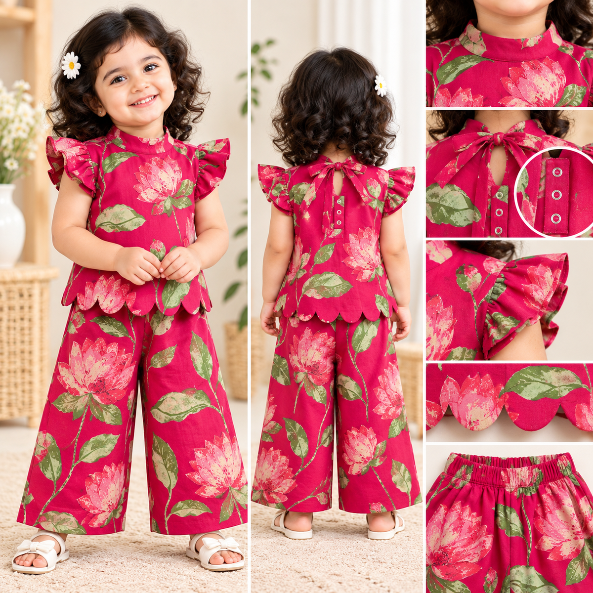 Girls Casual Cotton Printed High Collar & Scallop Top & Pant Co-ord Set (C066) (Pink Lotus)