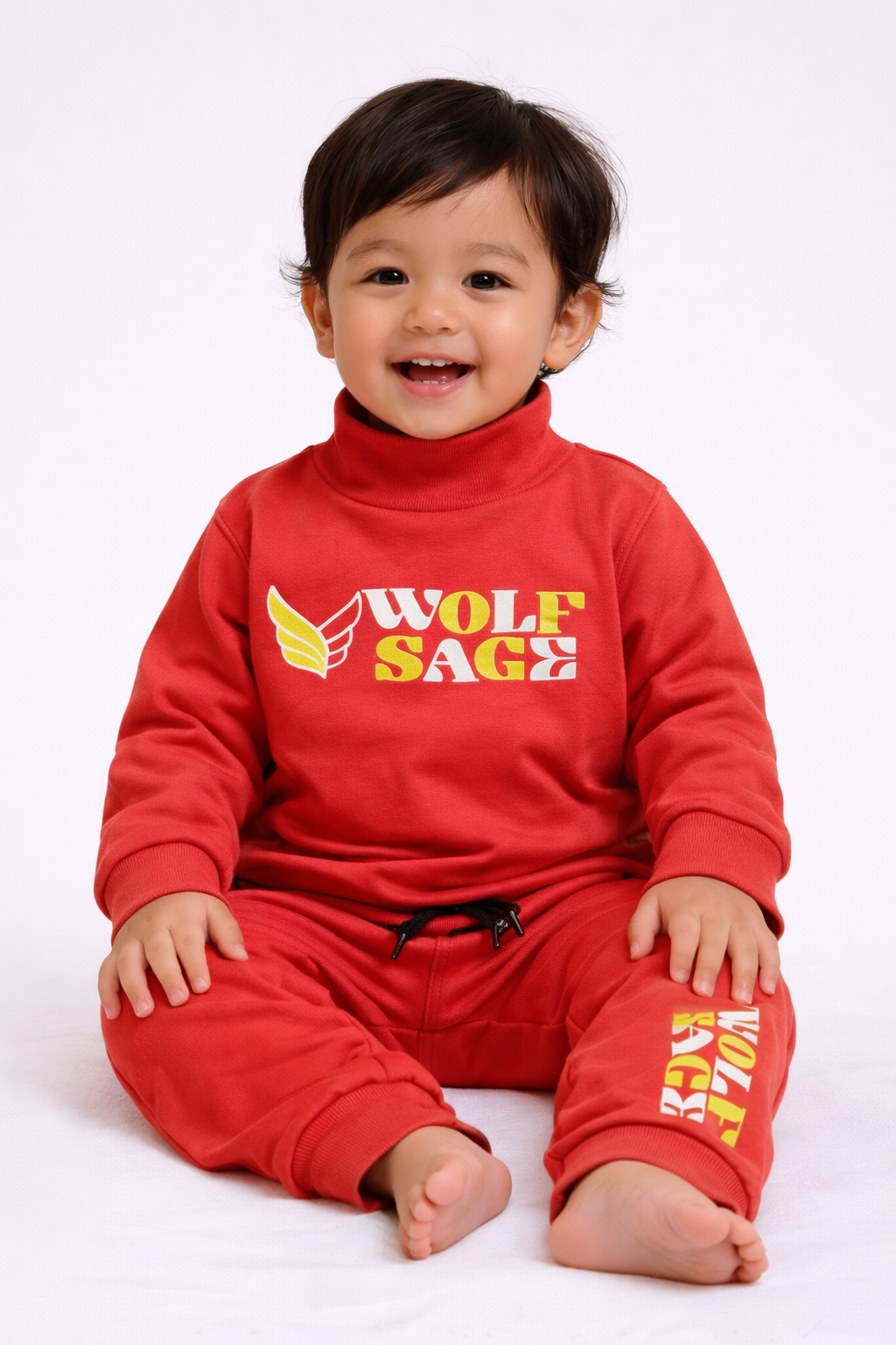 Premium Winter High Neck Pant Set For Kids(Red -Wolf Sage)