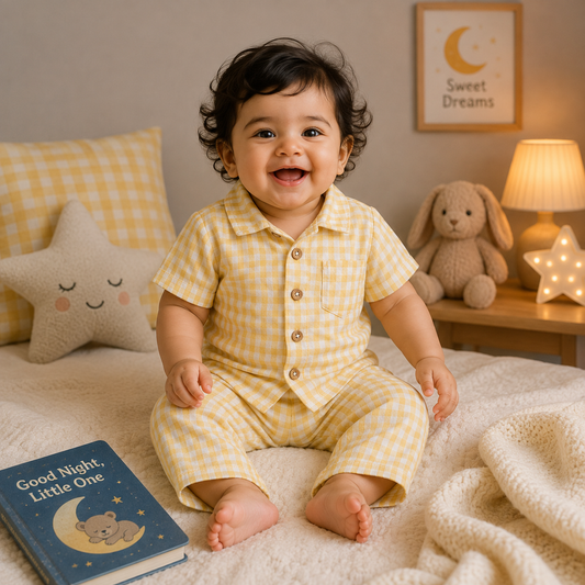 Premium Muslin Collar Co-ord Set – Shirt & Pant (Yellow Check) | 0-4 Yrs