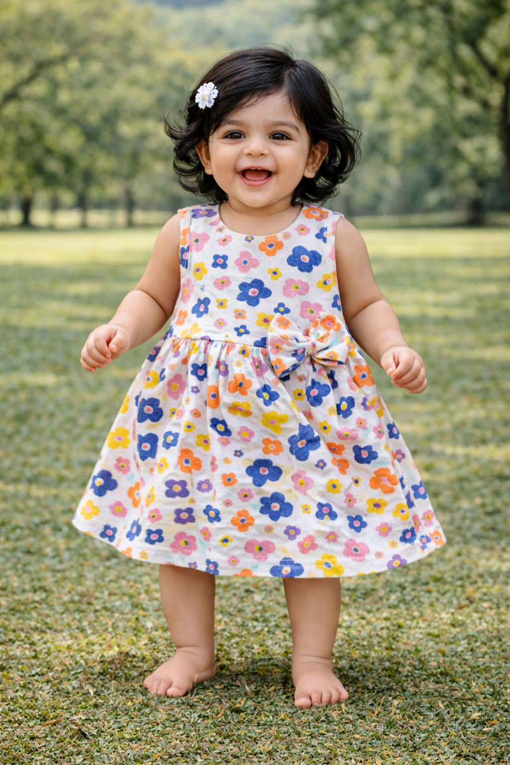 Half Sleeves Frill Frocks with BOW ( White Orange Blue Flower)