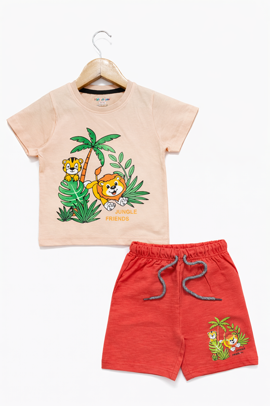 Airport - 🧸 Kids Cartoon Co-ord Set – Half Sleeves T-shirt + Shorts (Jungle Friends)