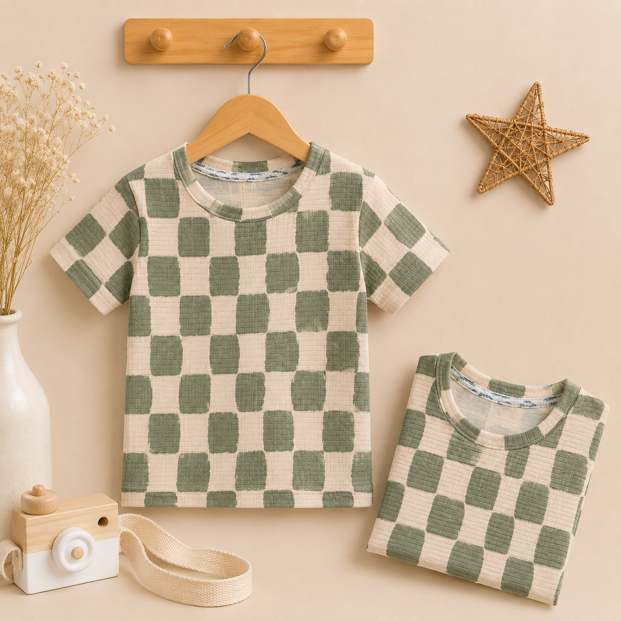 Premium Half  Sleeves Ribbed  Tshirt (Cream Pista Checks)