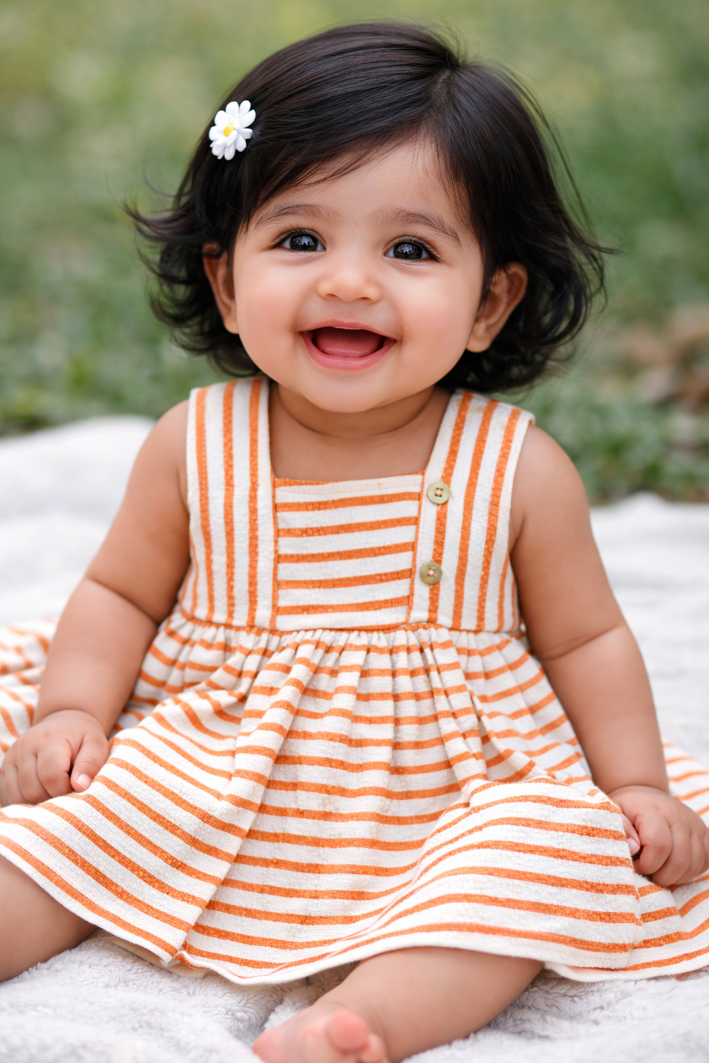 Half Sleeves Frill Frocks with BOW ( Orange Stripes)