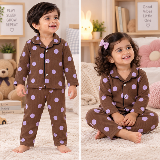 Premium Ribbed Collar full Sleeves Night Suit Sets (Maroon Purple Polka)