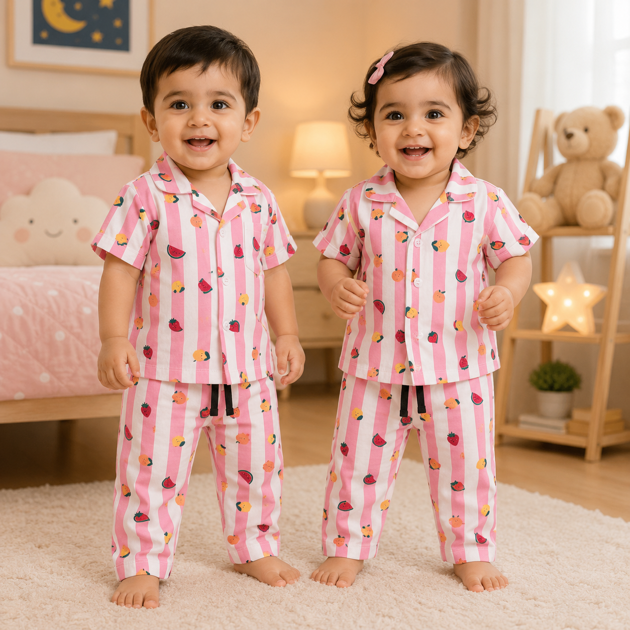 Premium Cotton Half Sleeves Collar  Tshirt with Pant ( White Pink Fruits)