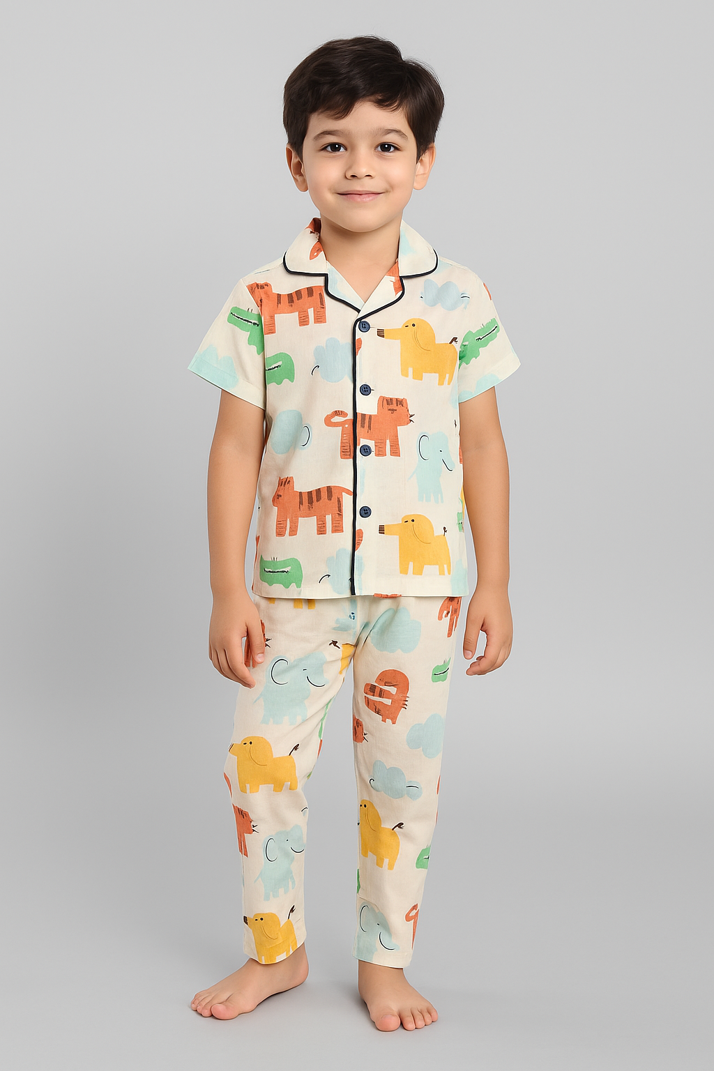 Kid's Collar night Suits (Cream  Animals)