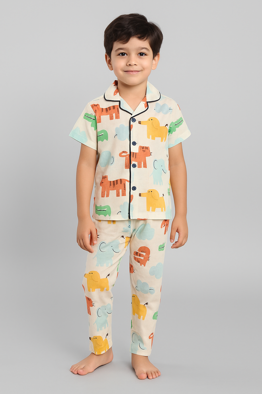 Kid's Collar night Suits (Cream  Animals)