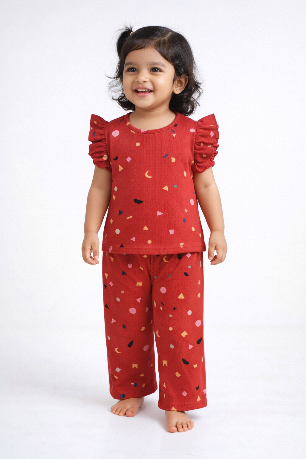 (FT008) - Frill Top & Palazzo Pant set (Red shapes)