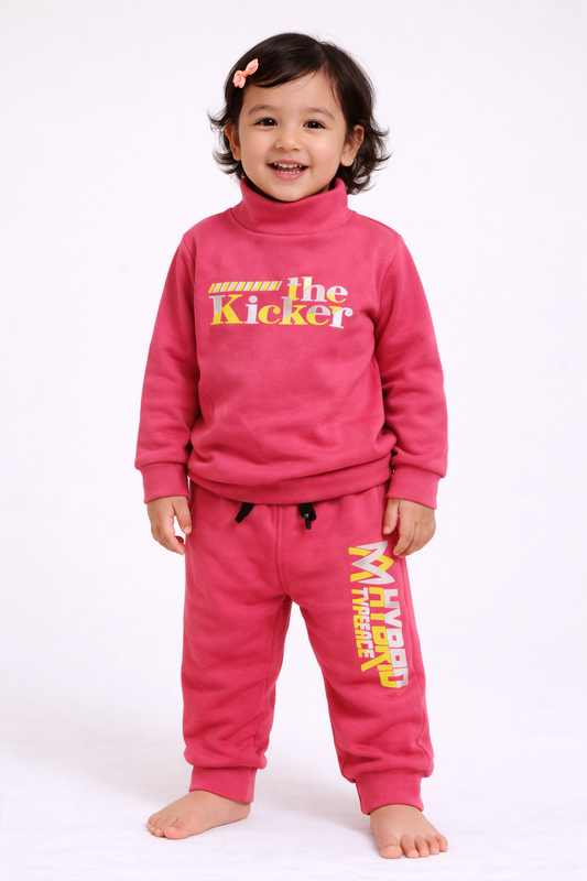 Premium Winter High Neck Pant Set For Kids (Pink -The Kicker)