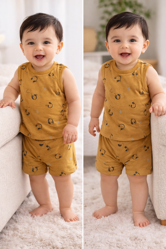 Infant Cotton Sleeveless Co-ord Set | Baby T-shirt & Shorts Set (Head Phone)