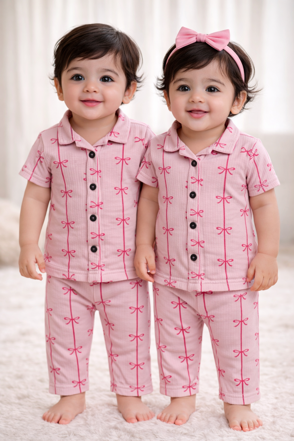 Premium Half Sleeves Collar Ribbed Tshirt with Pant (Stripes & Bows)