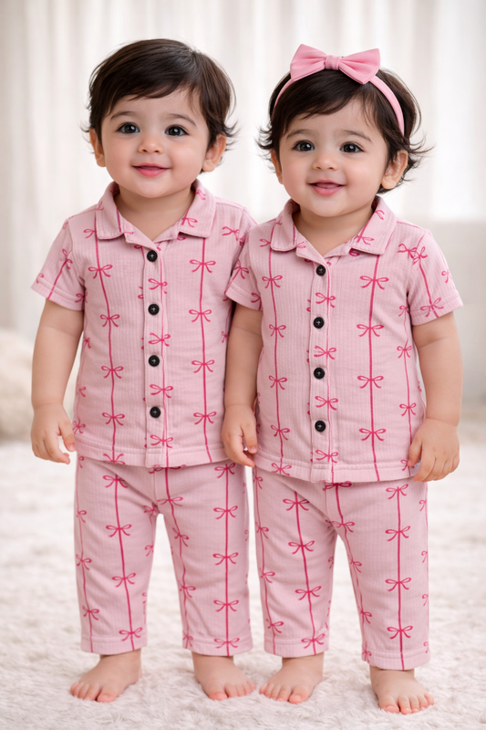 Premium Half Sleeves Collar Ribbed Tshirt with Pant (Stripes & Bows)