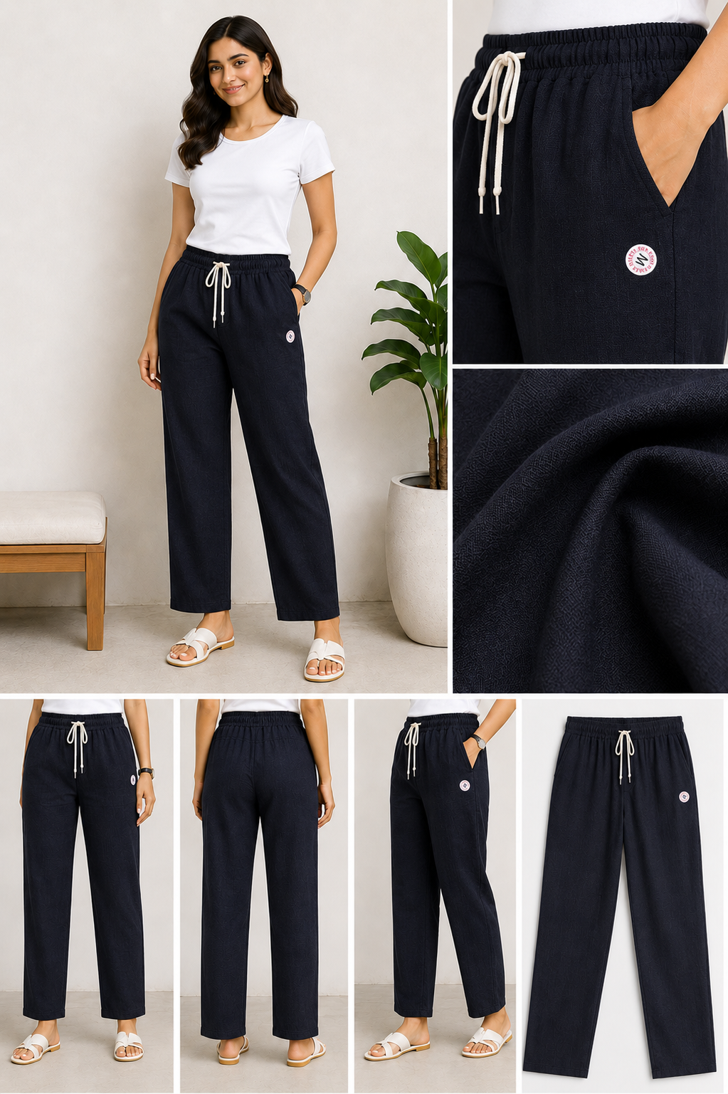 Linen Cotton Straight Pants for Women (Classic Black)