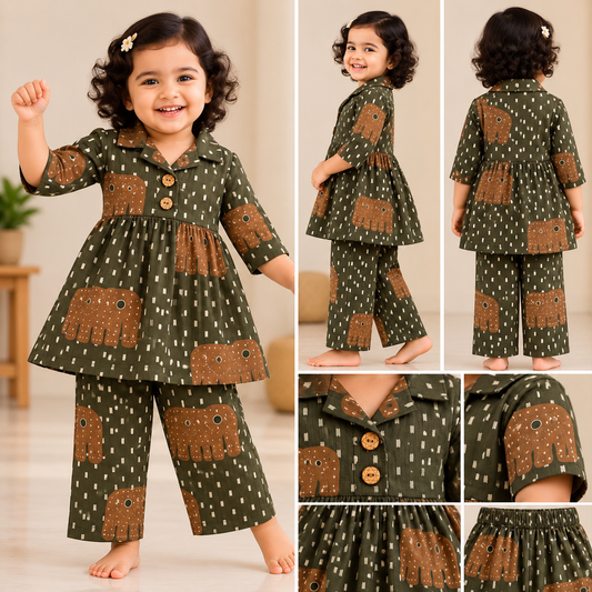 Girls Cotton Peplum Top & Pant Co-ord Set – Green Elephant (CP103) (Pre-booking)