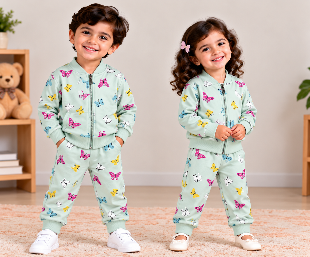 Kids Loopknit Winter Set – Full-Zip Top & Pants, Light Pista Butterfly (FZ003)