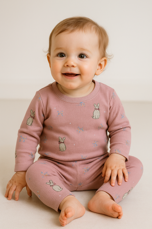 Premium Full sleeves Ribbed Tshirt with Pant (Burgundy Bunny)(0-12 Months)