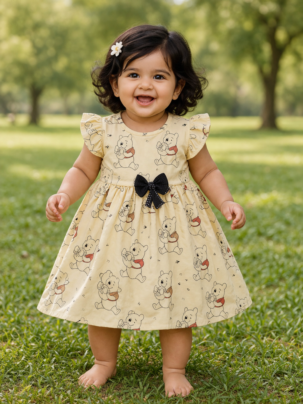 Half Sleeves Frill Frocks with BOW (Lite Yellow Teddy)