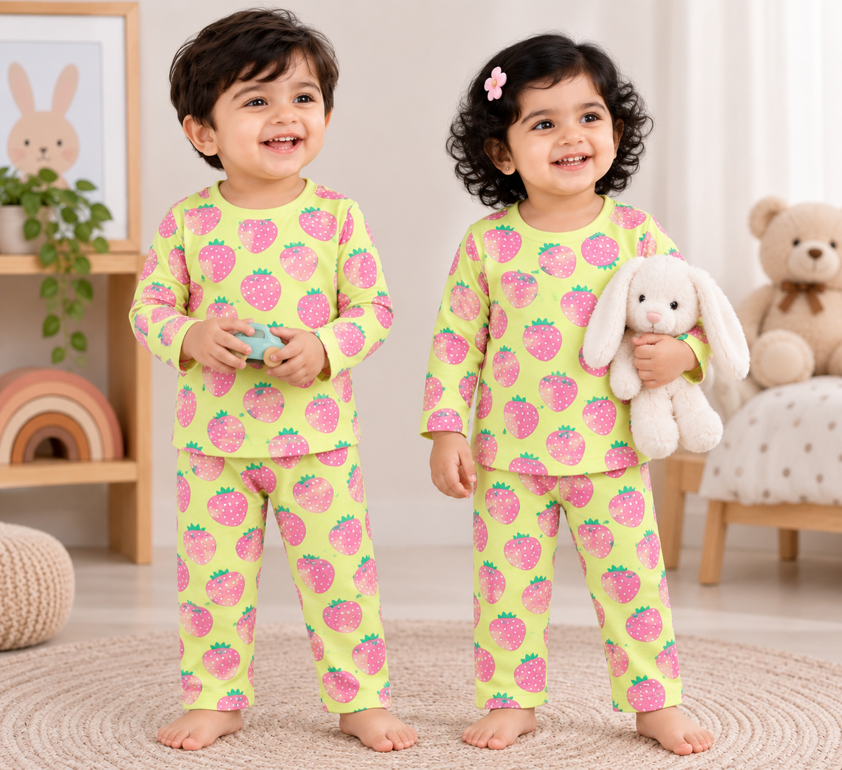 Premium Full sleeves Tshirt with Pant (Yellow Pink Strawberry )