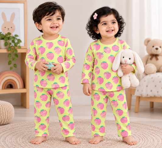 Premium Full sleeves Tshirt with Pant (Yellow Pink Strawberry )
