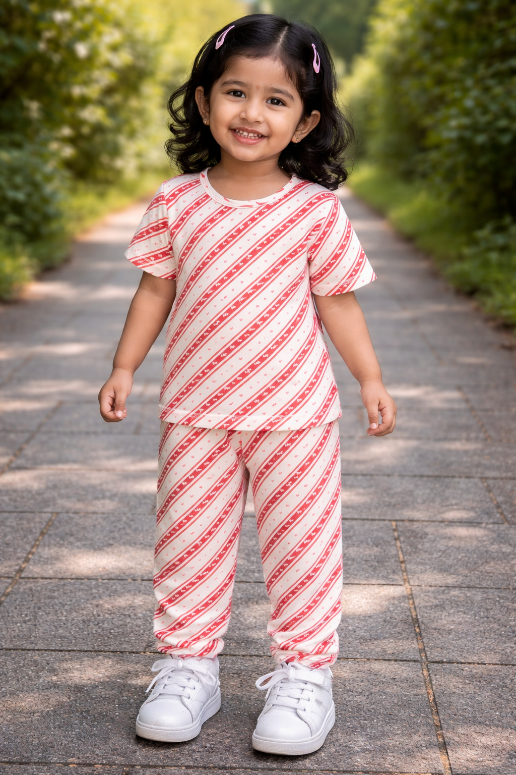 Premium Ribbed Half Sleeves Pajama Set ( Red Small  Heart)