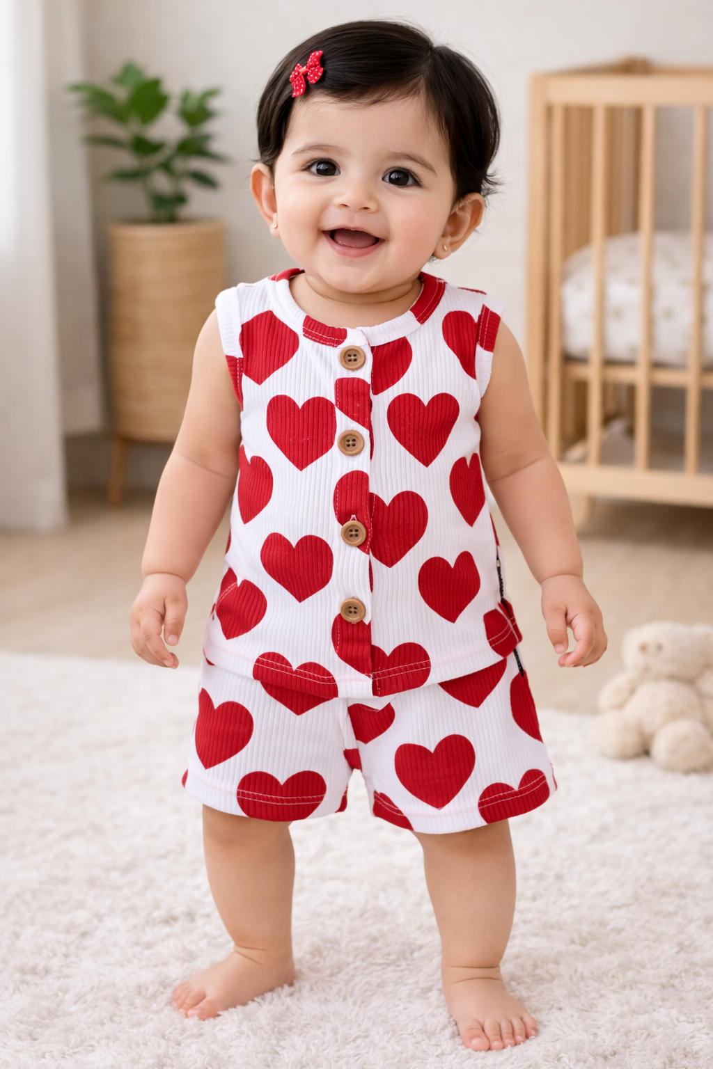 Ribbed Cotton Sleeveless Shorts Sets ( White Maroon Hearts)