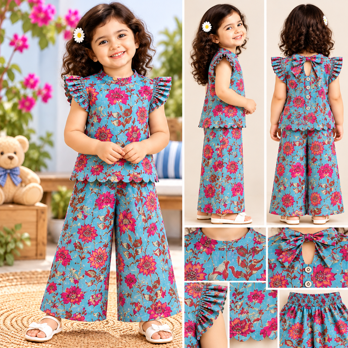 Girls Casual Cotton Printed High Collar & Scallop Top & Pant Co-ord Set (SC003)( Blue Pink Flower)  ( Pre - Booking)