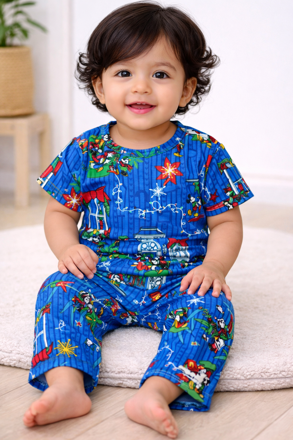 Premium Ribbed Half sleeves Tshirt with Pant (Blue Micky House)