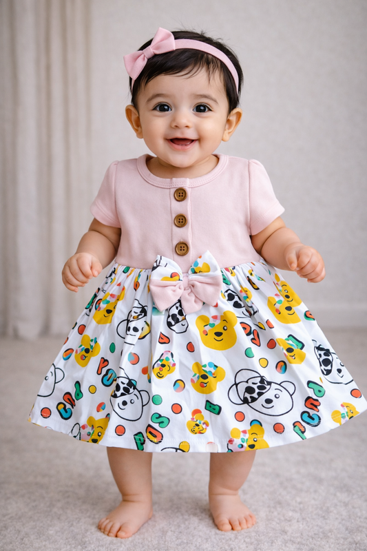 Cotton Front Button Bow Frocks(Light pink pudsey)