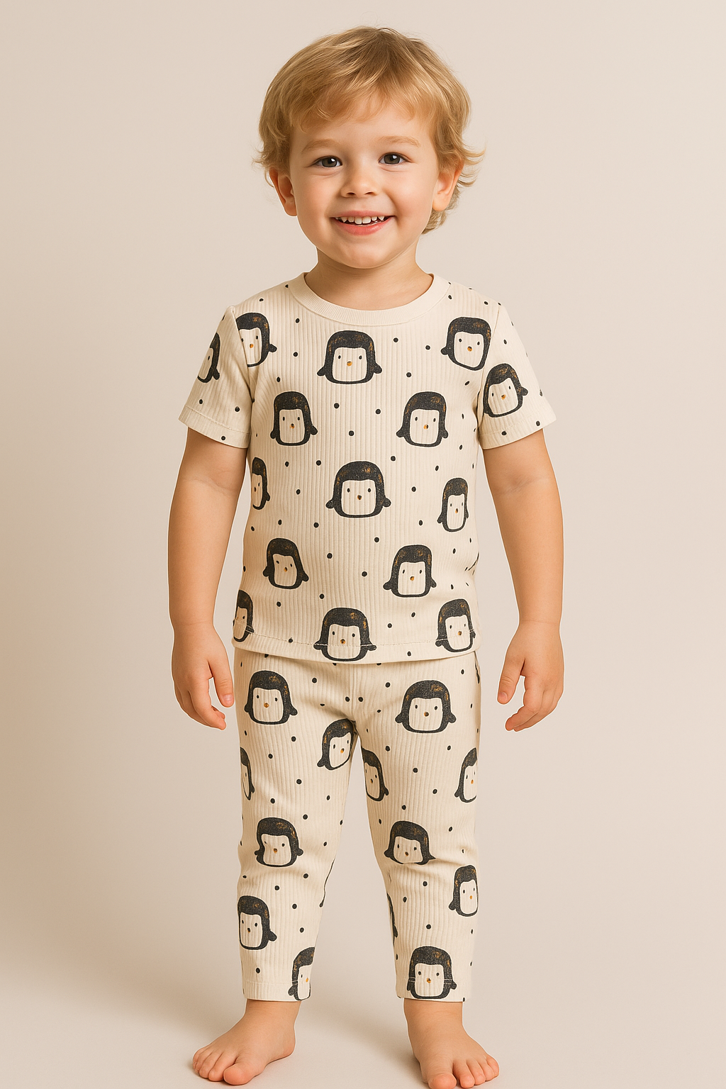 Premium RIBBED Shorts sleeves Tshirt with Pant (Penguin Face) (2-6 Yrs)