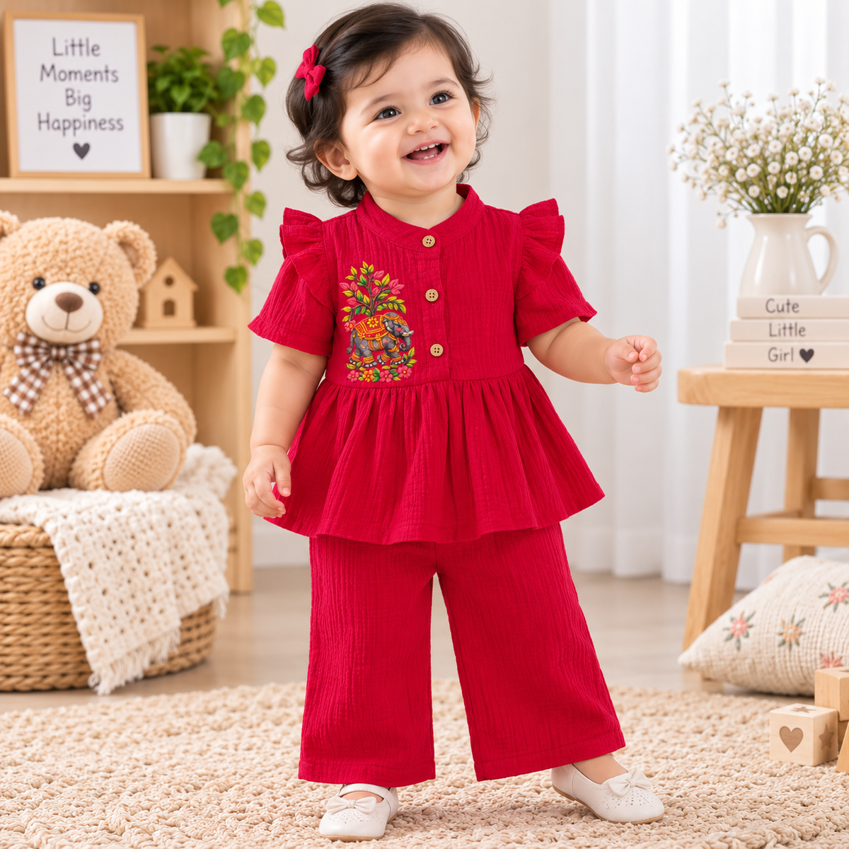 Airport - Kids Muslin Print  Balloon Sleeves Frock With Pant ( Red Elephant)