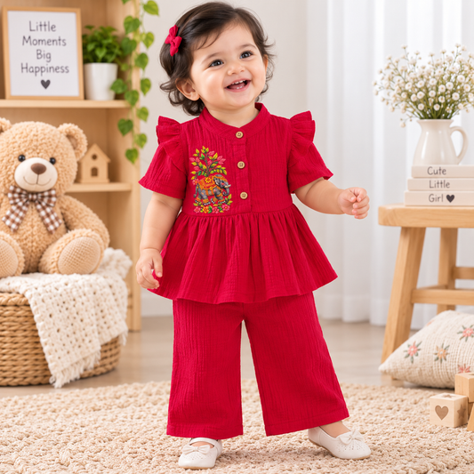 Airport - Kids Muslin Print  Balloon Sleeves Frock With Pant ( Red Elephant)