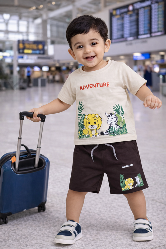 Airport - 🧸 Kids Cartoon Co-ord Set – Half Sleeves T-shirt + Shorts (Cream Adventure)