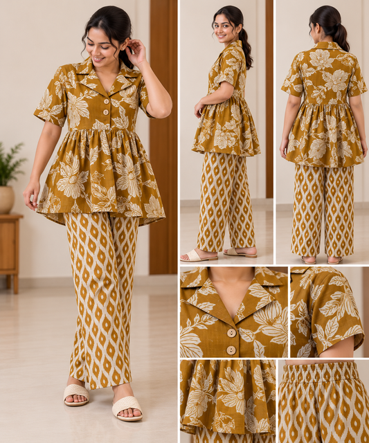 Women's Pure Cotton Collared Peplum & Palazzo Co-ord Set (Mustard Ochre)