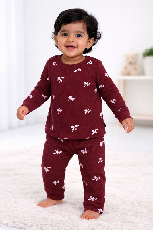 Premium Full sleeves Ribbed Tshirt with Pant (Maroon Flower)