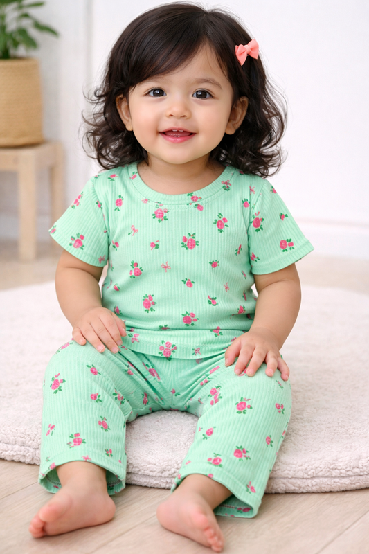 Premium Ribbed Half sleeves Tshirt with Pant (Green Floral)
