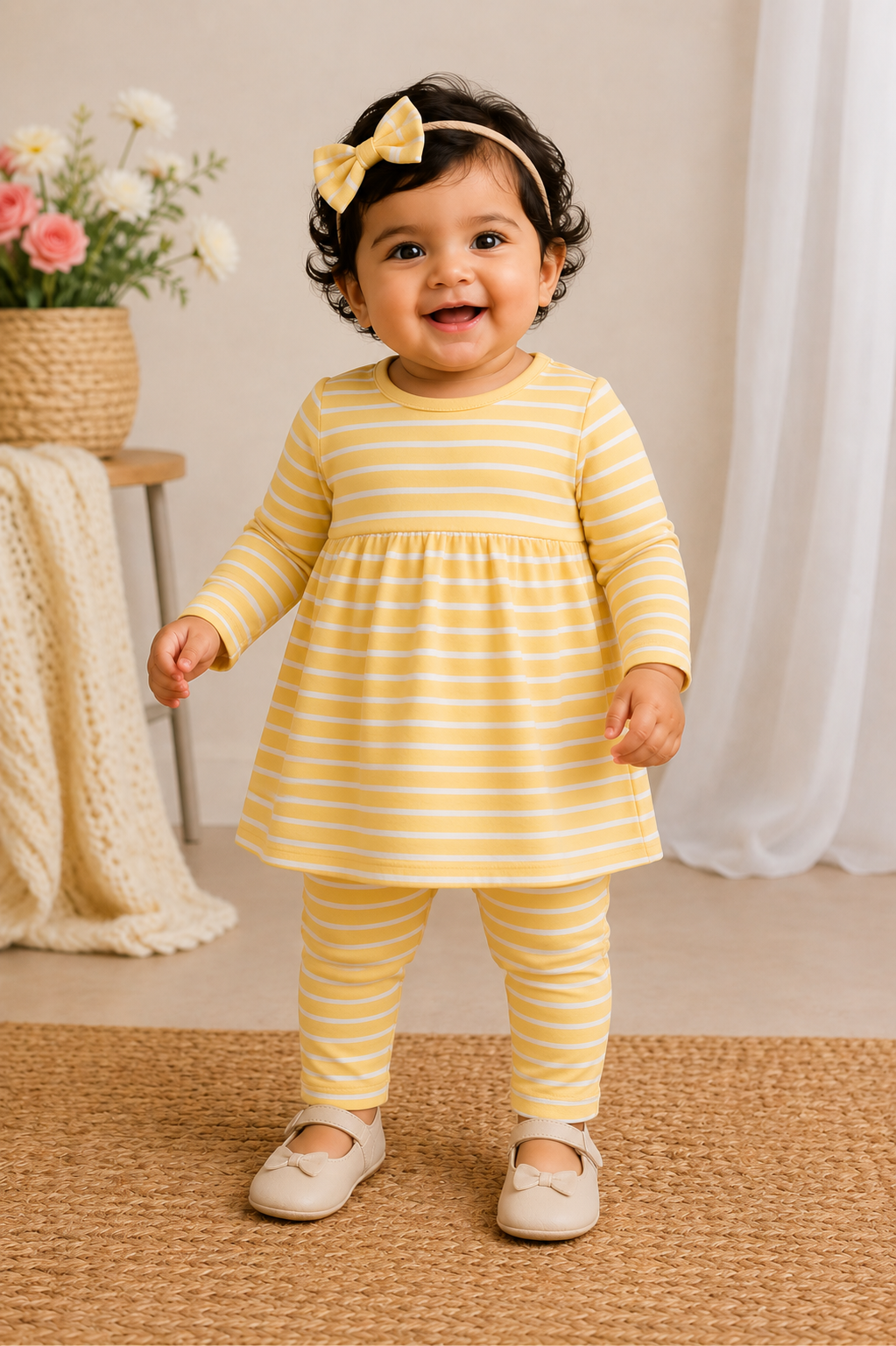 Full Sleeves Frocks Sets ( Yellow White Stripes)