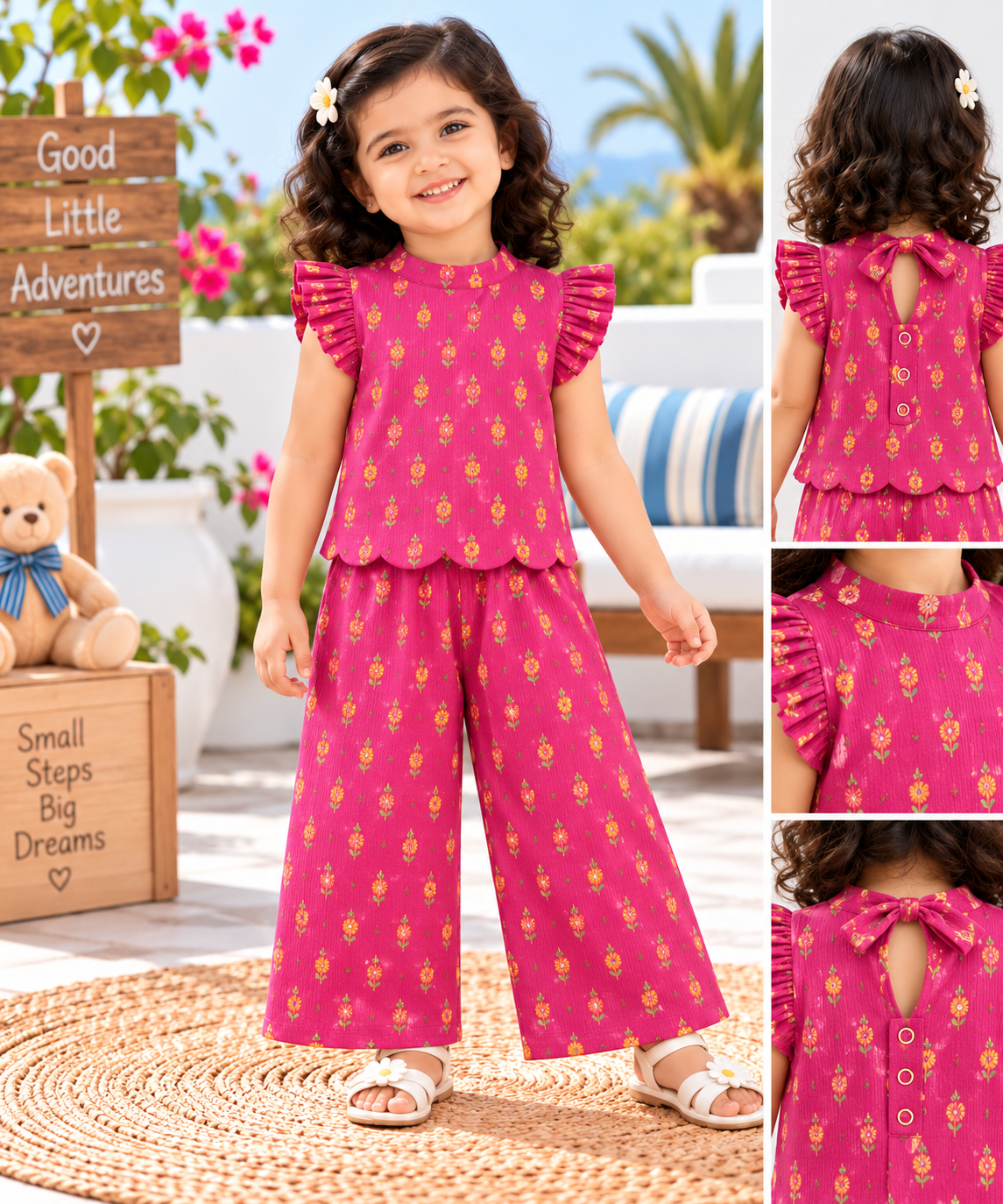 Girls Casual Cotton Printed High Collar & Scallop Top & Pant Co-ord Set (SC001)( Pink Yellow Flower)  ( Pre - Booking)