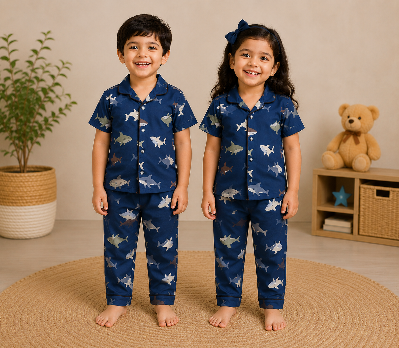 Kids Collar Night Suit Set (Blue Big Fish)