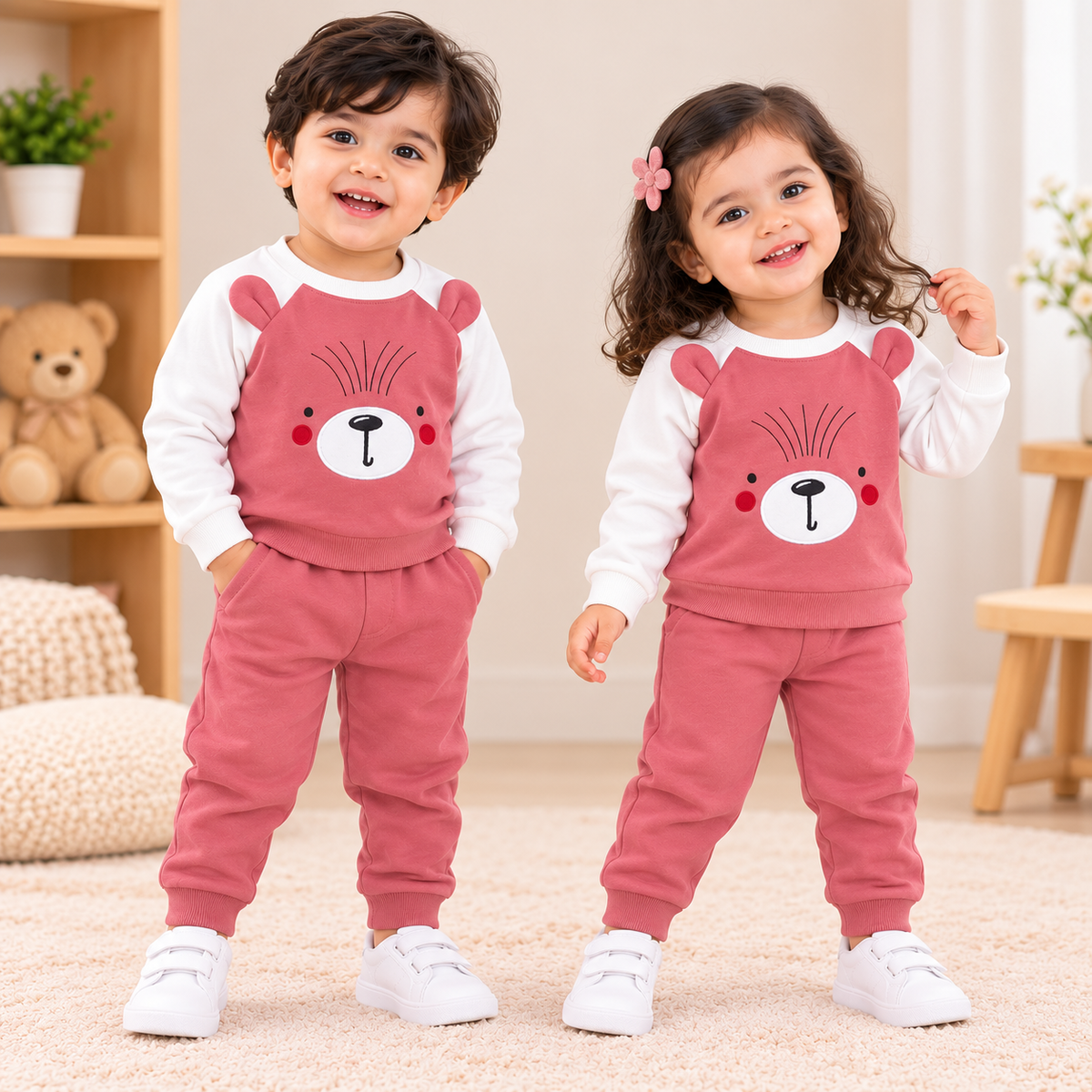 Korean Winter Set for Toddlers & Kids - Hot Pink & White Teddy (KW008)
