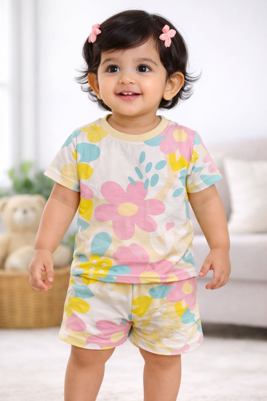 Cotton Shorts Sleeves Tshirt with Shorts Sets (Cute Yellow Flowers)