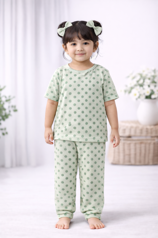 Premium Ribbed Half Sleeves Pajama Set (Green Polka)