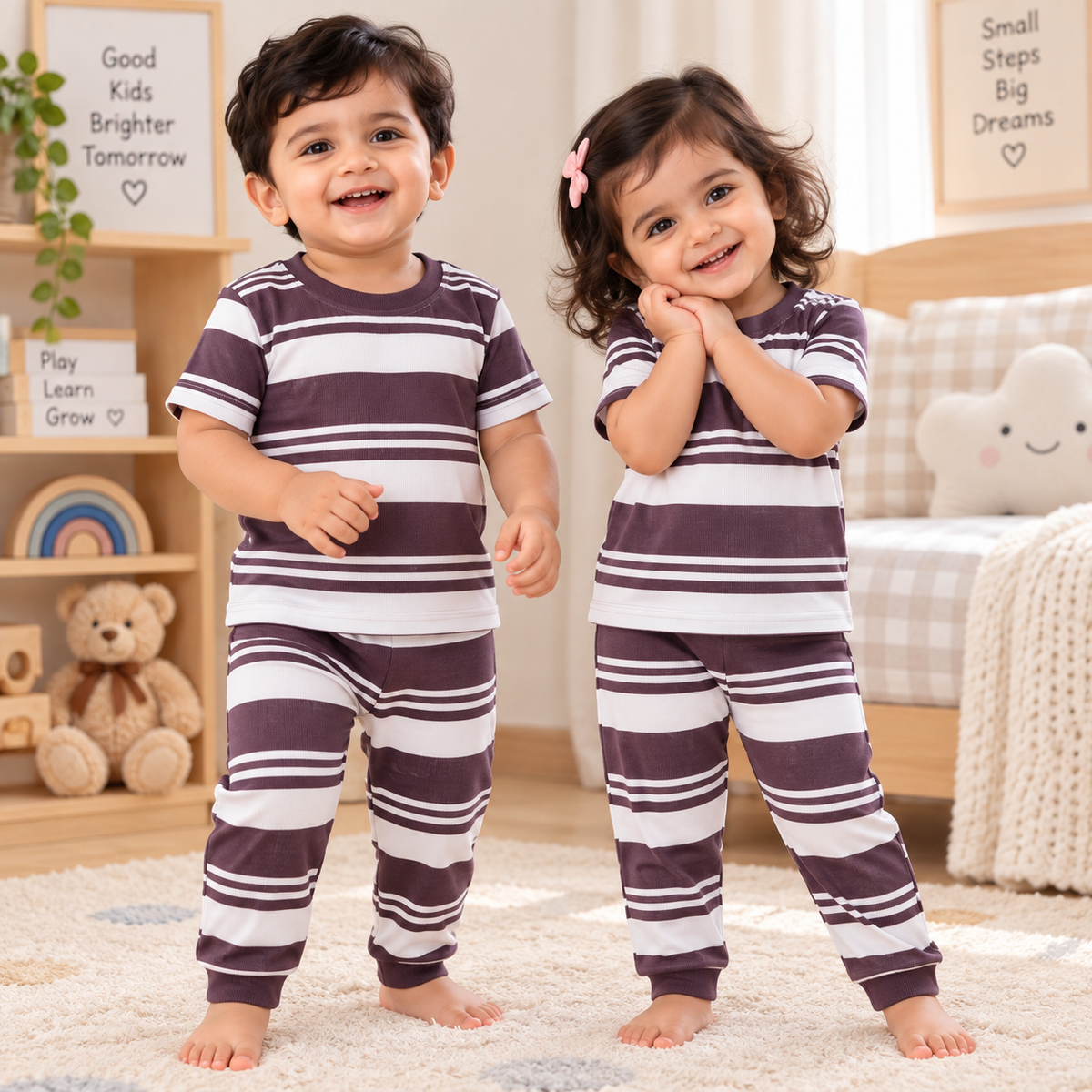 Half sleeves Tshirt with Pant (Grape White Stripes)