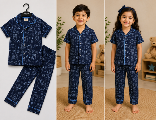 Kids Collar Night Suit Set (Navy Ball & Skat)