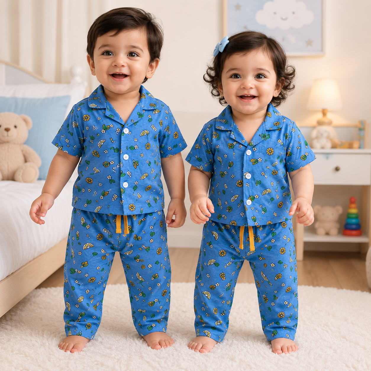 Premium Cotton Half Sleeves Collar  Tshirt with Pant ( Blue Floral )