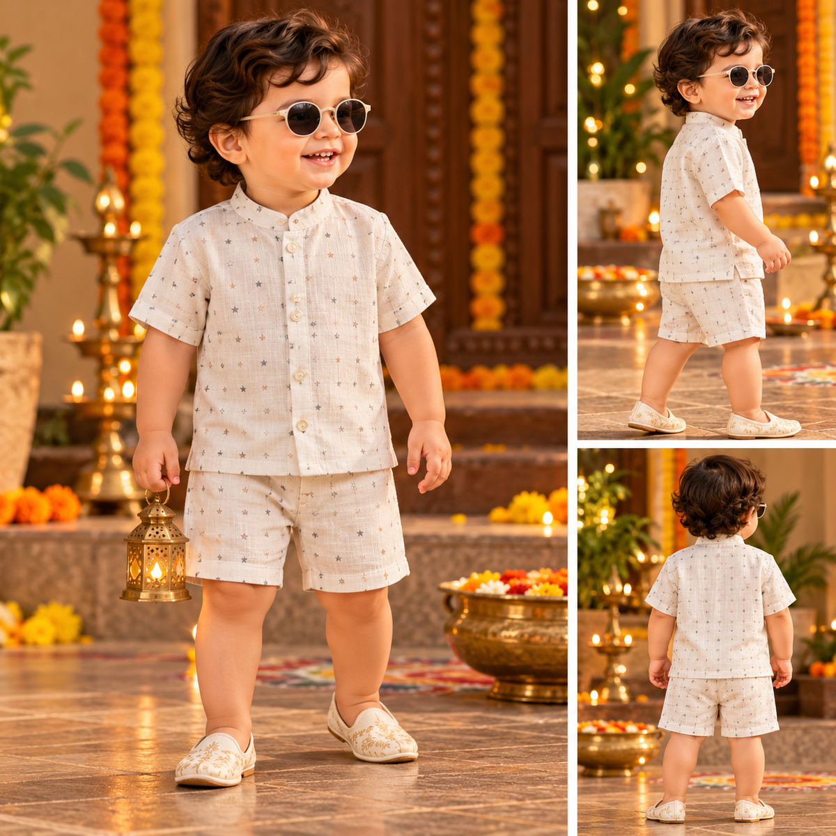 Airport Kids Cotton Muslin Shirt & Shorts Set (Cream Little Star)