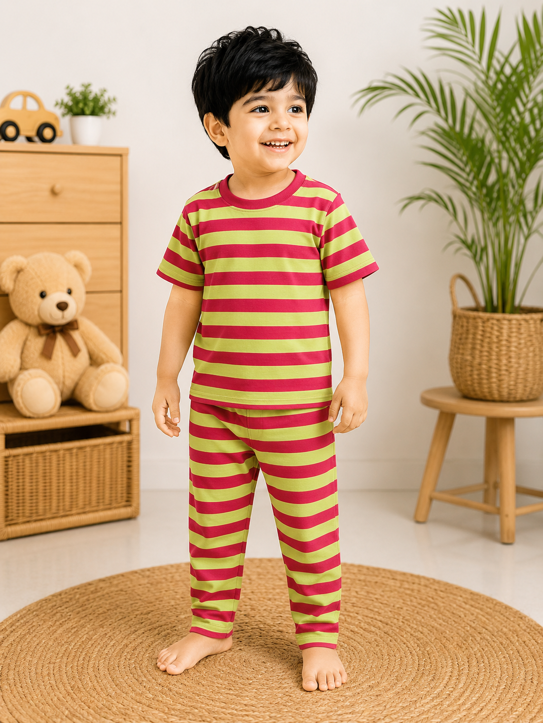 Soft Cotton Half sleeves Tshirt with Pant( Red Pista  Stripes)