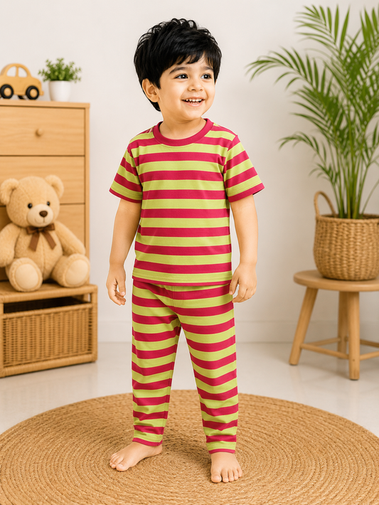 Soft Cotton Half sleeves Tshirt with Pant( Red Pista  Stripes)